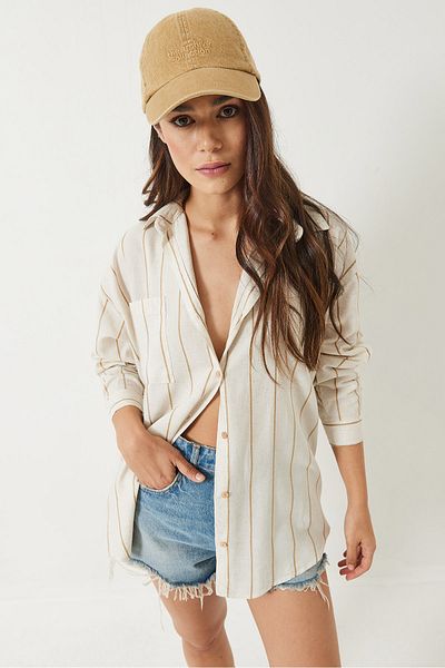 Bianco Lucci Cămașă oversize din in, cu mânecă lungă, cu un singur buzunar, cu dungi 60283070