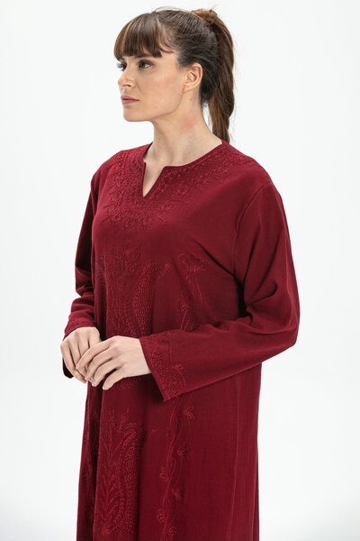 Eliş Şile Bezi Μακρυμάνικο ύφασμα Şile, Glitter Kaftan Midi Καλοκαιρινό Φόρεμα, Βουργουνδία Brd