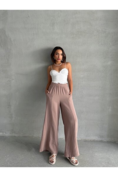 BEJNA Women's Dusty Rose Muslin Loose Cut Trousers