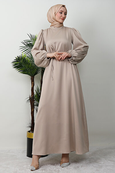 GİZ AGİYİM Κρεμ Σατέν Φόρεμα - Λεπτή Ζώνη