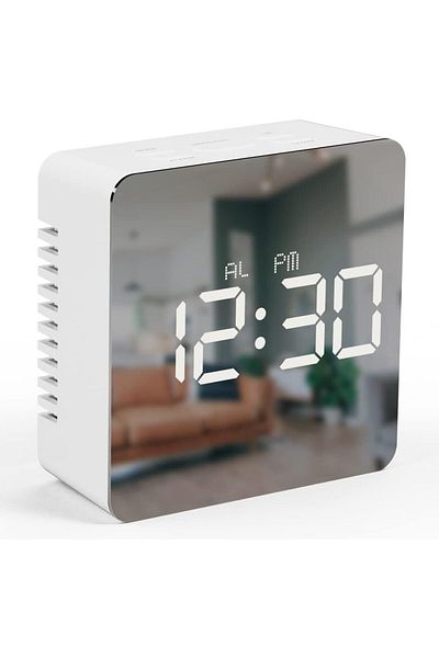 COOYA LED Square Mirror Desktop Alarm Clock,Five Function Buttons,12H/24H,With Time Temperature,White