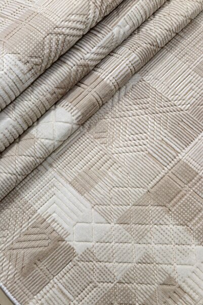 SoftNest Kaymaz Tabanlı Kesme Kabartmalı Salon Koridor Mutfak Yıkanabilir Aksu Hali Jayla bej