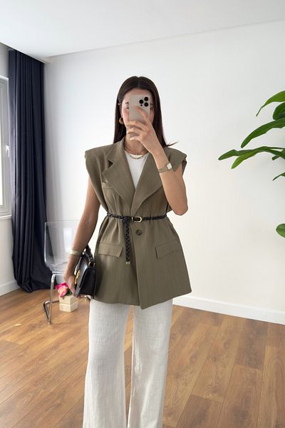 BİRCANÇİL Kejana Khaki Linen Look Belted Vest