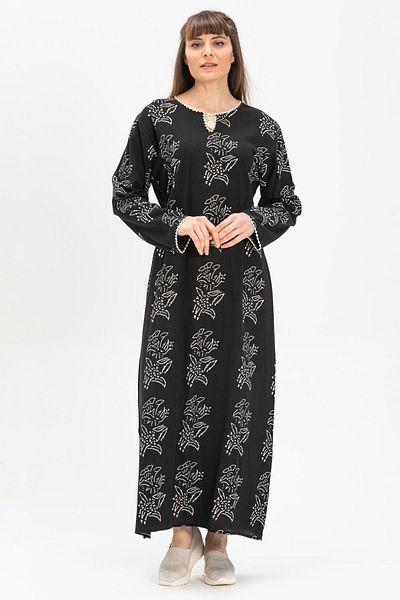 Eliş Şile Bezi Μακρυμάνικο ύφασμα Sile Plus Size - Μακρύ καλοκαιρινό φόρεμα με στάμπα κρίνο - μαύρο