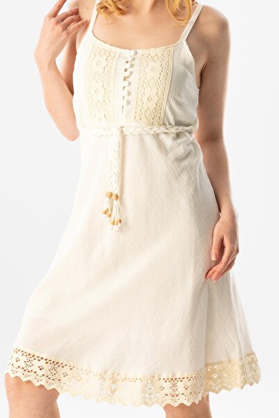Eliş Şile Bezi Κρεμαστό ύφασμα Şile Eda Κοντό καλοκαιρινό φόρεμα Κρεμ