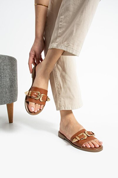 diclepolat Γυναικείες παντόφλες με επίπεδη σόλα, casual και δύο αγκράφες Womin Tan