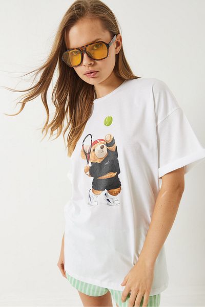 Bianco Lucci Damen-Tennis-Teddy-T-Shirt mit Teddy-Aufdruck in Übergröße 6005 60283084