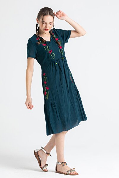 Eliş Şile Bezi Kısa Kol Şile Bezi Lalezar Nakışlı Midi Boy Yazlık Elbise Petrol Ptrl