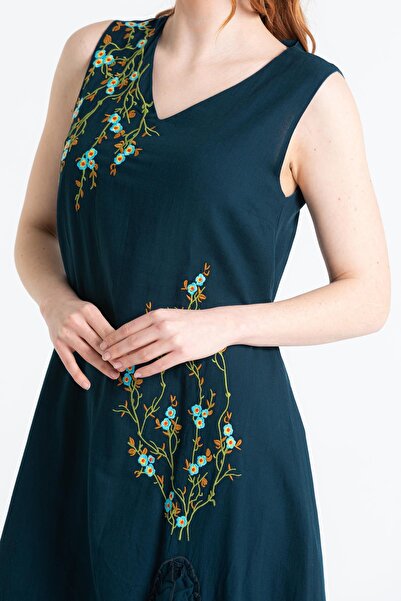 Eliş Şile Bezi Αμάνικο Voile Candan Slit Midi Μήκος Καλοκαιρινό Φόρεμα Petrol Ptrl