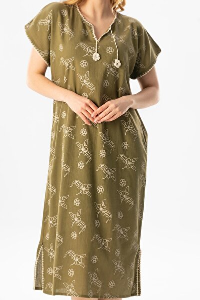 Eliş Şile Bezi Short Sleeve Sile Cloth Printed Midi Length Summer Dress Spreader Pattern Khaki Hk