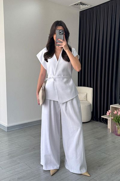 ECEMİ Luna White Linen Vest Pants Set