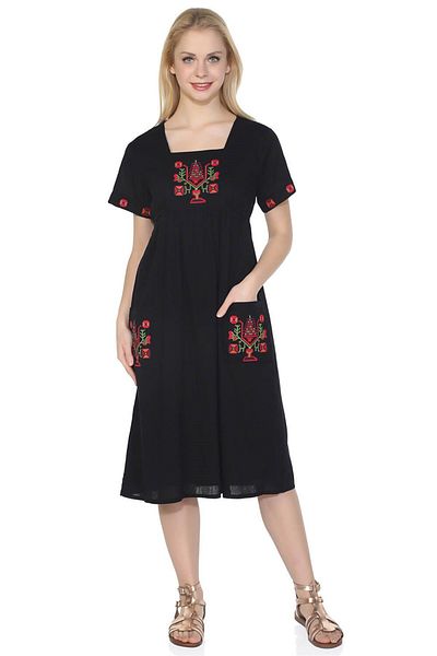 Eliş Şile Bezi Short Sleeve Plus Size Angel Midi Length Black Dress