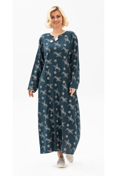 Eliş Şile Bezi Μακρυμάνικο ύφασμα σιλέ, με τύπωμα Φόρεμα και μοτίβο πετρελαίου