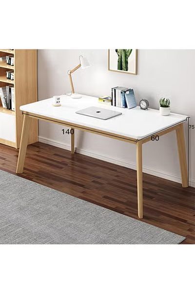 Taimi Modern Computer Desk with Solid Wood Legs, White, Home Office Writing Table, 140x60x75cm