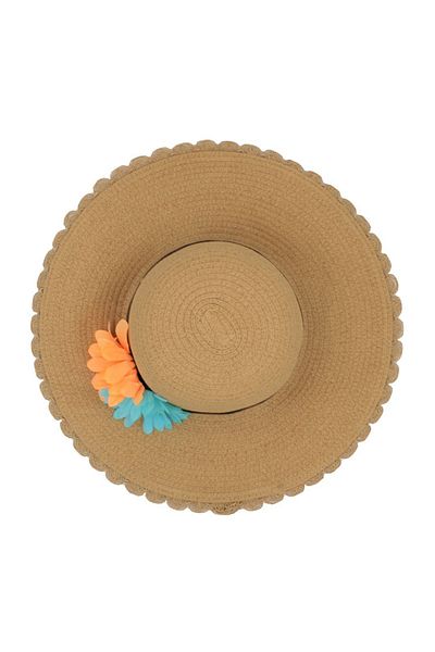 BM GİFT DESİGN Women's brown beach hat with orange-blue flowers