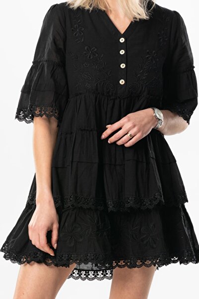 Eliş Şile Bezi Κοντό μανίκι Voile Şebnem Lace Up Κοντό καλοκαιρινό φόρεμα μαύρο Syh