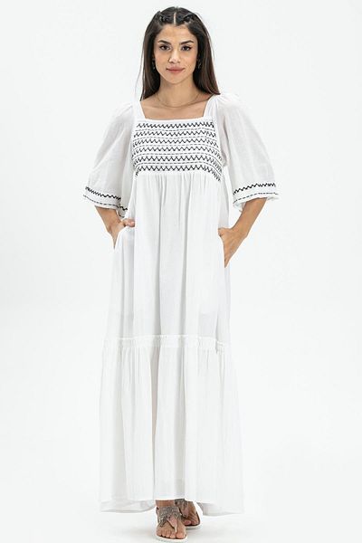 Eliş Şile Bezi Τρία τέταρτα μανίκια Sile Cloth Melody Long Summer Αυθεντικό Φόρεμα Λευκό Byz