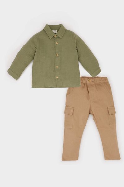 DeFacto D9596 Khaki Baby Boy 2Pcs Suit Long Sleeve Shirt Elastic Waist Cargo Pocket Pants