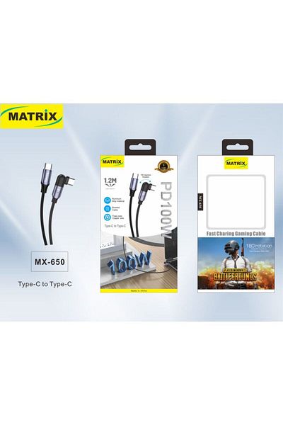 Matrix Fast Charging Type-C to Type-C Gaming Cable - 100 W - 1.2 Meter - Black - MX 650