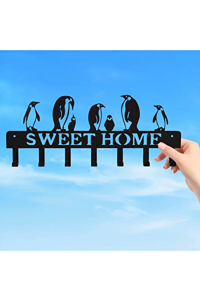 Takıtolia Multipurpose 7 Hook Black Decorative Penguin Metal Wall Hanging