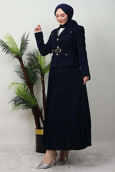 GİYZAMİLA Gold Detail Skirt Suit Dark Navy Blue