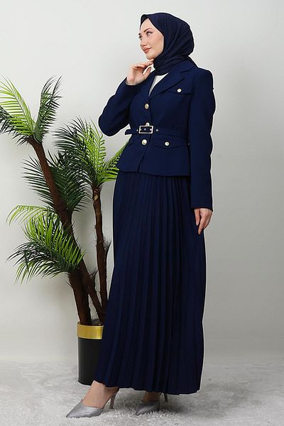 GİYZAMİLA Χρυσό Λεπτομερές Κοστούμι Φούστας Navy Blue