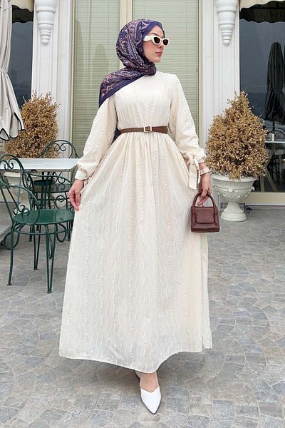 benguen Guipure Λεπτομερής Κρέμα Φόρεμα Hijab 1008-1