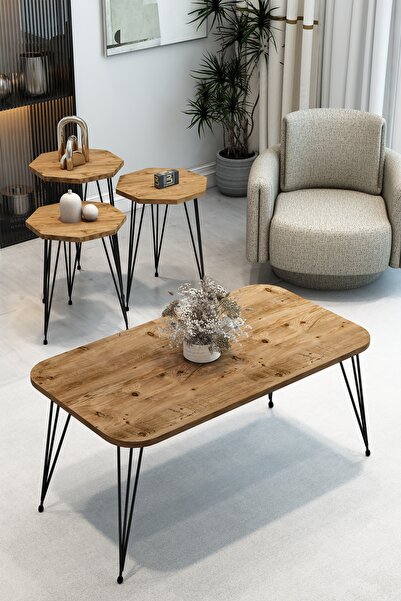 BARIN DESIGN 3'Lü Sekizgen Zigon Sehpa ve Dikdörtgen Orta Sehpa Takımı Modern...