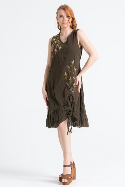 Eliş Şile Bezi Sleeveless Voile Candan Slit Midi Length Summer Dress Khaki Hk