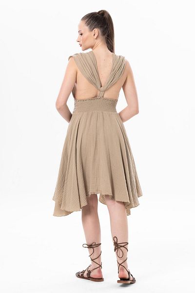 Eliş Şile Bezi Sleeveless Back Detailed V-Neck Laodikya Mini Summer Muslin Dress Mink Vzn