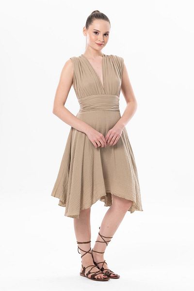 Eliş Şile Bezi Sleeveless Back Detailed V-Neck Laodikya Mini Summer Muslin Dress Mink Vzn