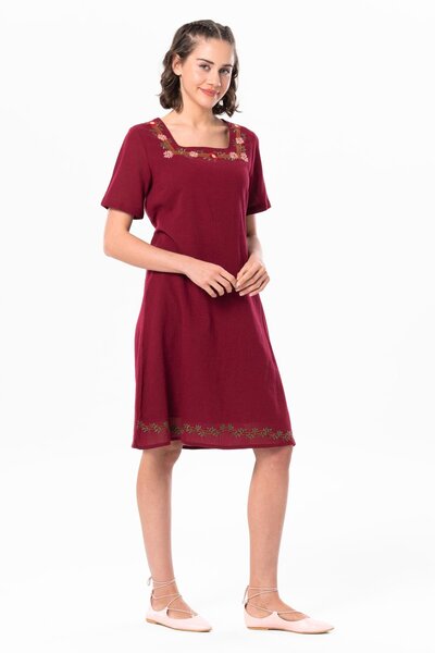 Eliş Şile Bezi Short Sleeve Sile Cloth Square Collar Delicate Short Summer Dress Burgundy Brd