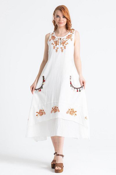 Eliş Şile Bezi Αμάνικο Voile Gülse Tassel Detail Maxi Size Καλοκαιρινό αυθεντικό φόρεμα κρέμα κόκκινο