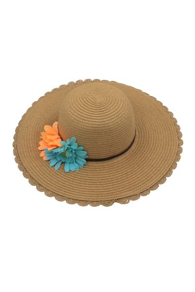 BM GİFT DESİGN Women's brown beach hat with orange-blue flowers