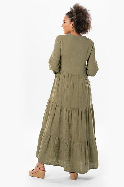 Eliş Şile Bezi Rochie de muselină de vară Akay cu mâneci lungi cu nasturi lungi Kaki Hk