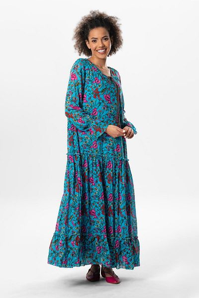 Eliş Şile Bezi Voile cu mâneci lungi Rochie lungă de vară Gonca Model Fretka Dungi turcoaz 6156