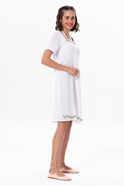 Eliş Şile Bezi Κοντό μανίκι Sile υφασμάτινο τετράγωνο γιακά Λεπτό κοντό καλοκαιρινό φόρεμα Λευκό Byz