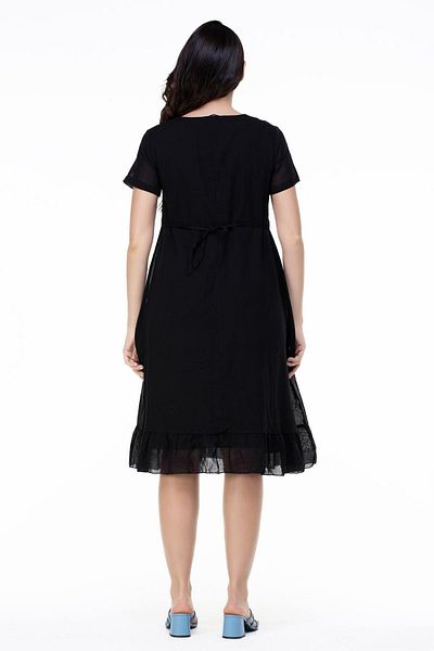 Eliş Şile Bezi Κοντό μανίκι Moonlight Embroidery Alike Midi Summer Authentic Φόρεμα Μαύρο