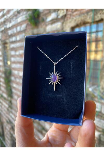 By Atölye Doğal Ametist Taşlı Kuzey Yıldızı Gümüş Kolye