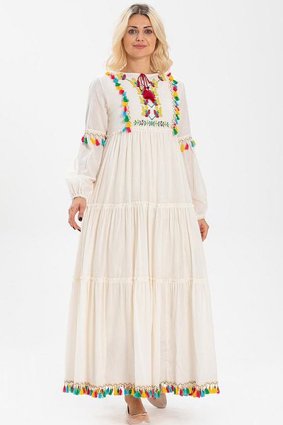 Eliş Şile Bezi Μακρυμάνικο ύφασμα Chastity Long Hijab Dress Cream Krm