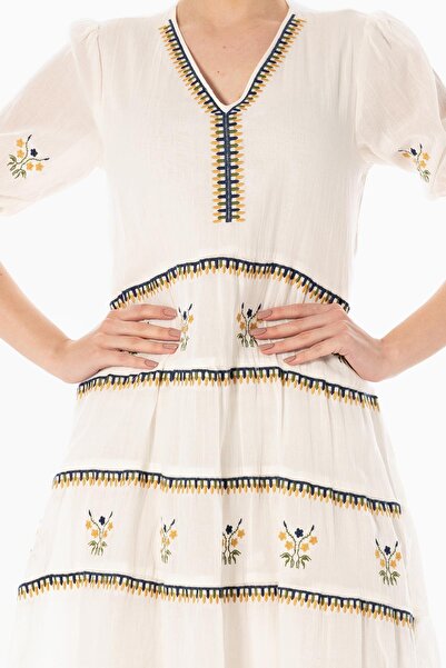 Eliş Şile Bezi Short Sleeve Voile Embroidered V-Neck Reyhan Long Summer Authentic Dress Cream Cream