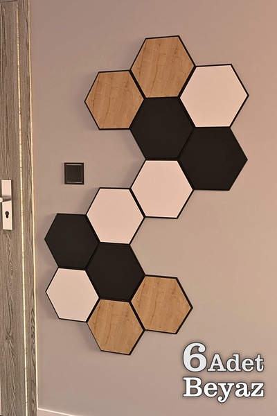 İdil Panel Ahşap Altıgen Petek Duvar Paneli 6 Adet Beyaz Akustik 19,5x17cm