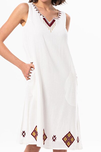 Eliş Şile Bezi Sleeveless Sile Cloth Lily Embroidered Short Summer Authentic Dress Cream Red