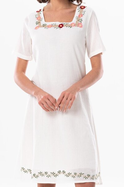 Eliş Şile Bezi Short Sleeve Sile Cloth Square Collar Delicate Short Summer Dress Cream Red