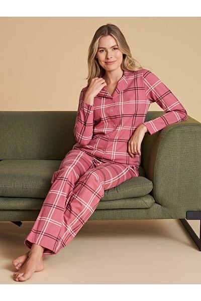Over Sleep by Poleren Dusty Rose Color Plaid Shirt Collar Long Sleeve Women's Pajamas Set