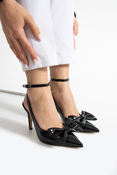 Güllü Shoes Fundita din piele lacuita neagra din piele vegana cu toc subtire pantofi dama stiletto model elegant de zi cu zi