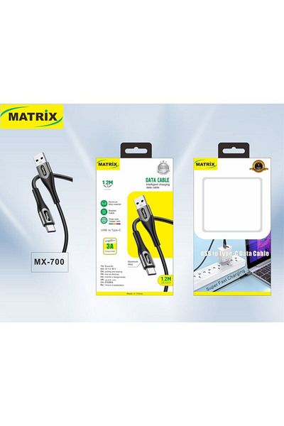 Matrix Fast Charging USB to Type-C Braided Data Cable - 1.2 Meter - Black - MX 700 PD