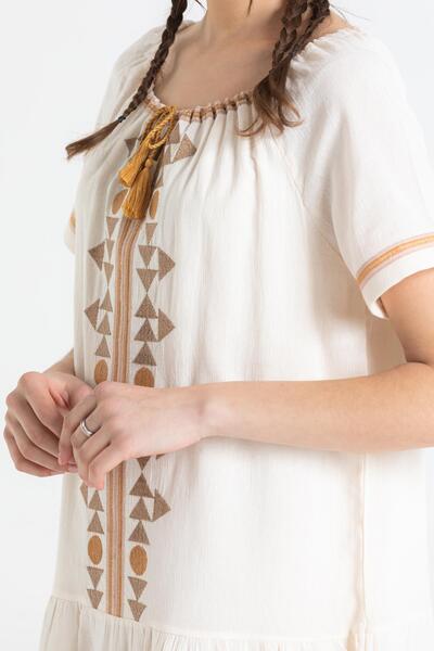 Eliş Şile Bezi Κοντό μανίκι Şile Πανί Yasmin Κεντημένο Κοντό Καλοκαιρινό Αυθεντικό Φόρεμα Κρεμ Κρεμ