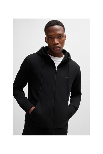 BOSS Logo baskılı esnek pamuklu fermuarlı kapüşonlu üst