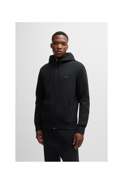 BOSS Logo baskılı esnek pamuklu fermuarlı kapüşonlu üst